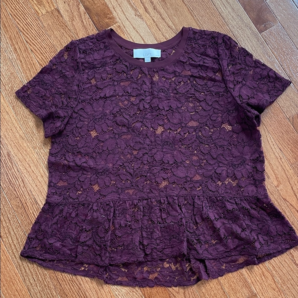 LOFT Lace Peplum Blouse - Deep Burgundy Size Large petite